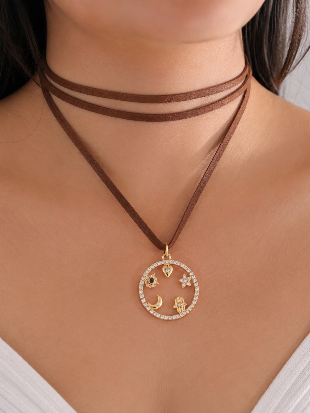 Gold-tone Celestial Charm Pendant on Brown Suede Choker 18K Real Gold Plated